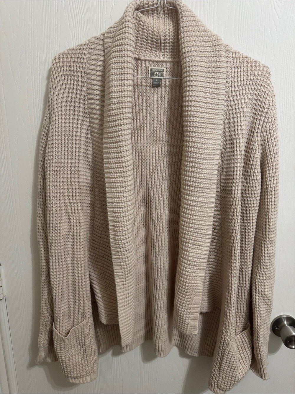 Converse One Star Cadigan Shall Collar Womens Large Cozy Knit Beige Open Sweater